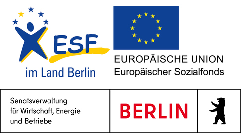 Logos des ESF, der EU und der Stadt Berlin.