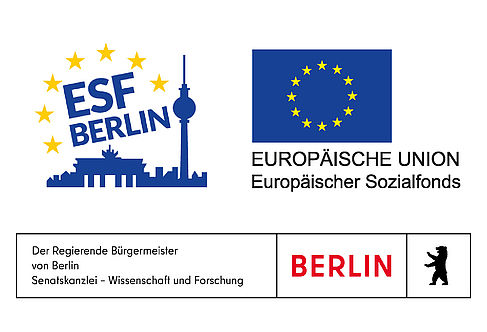 Logos des ESF, der EU und der Stadt Berlin.