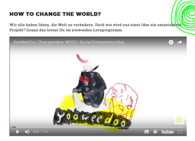 Text: "How to change the world? - Wir alle haben Ideen die Welt zu verändern. Doch wie wird aus einer Idee ein umsetzbares Projekt? Genau das lernst du im yooweedoo Lernprogramm." Daneben ein Youtube Screenshot.