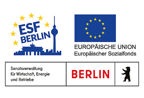 Logos des ESF, der EU und der Stadt Berlin.
