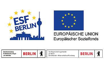 Logos der Mittelgeber (von links oben, nach unten: Europäischer Sozialfond, ESF im Land Berlin, der regierende Bürgermeister von Berlin Senatskanzlei - Wissenschaft und Froschung. )